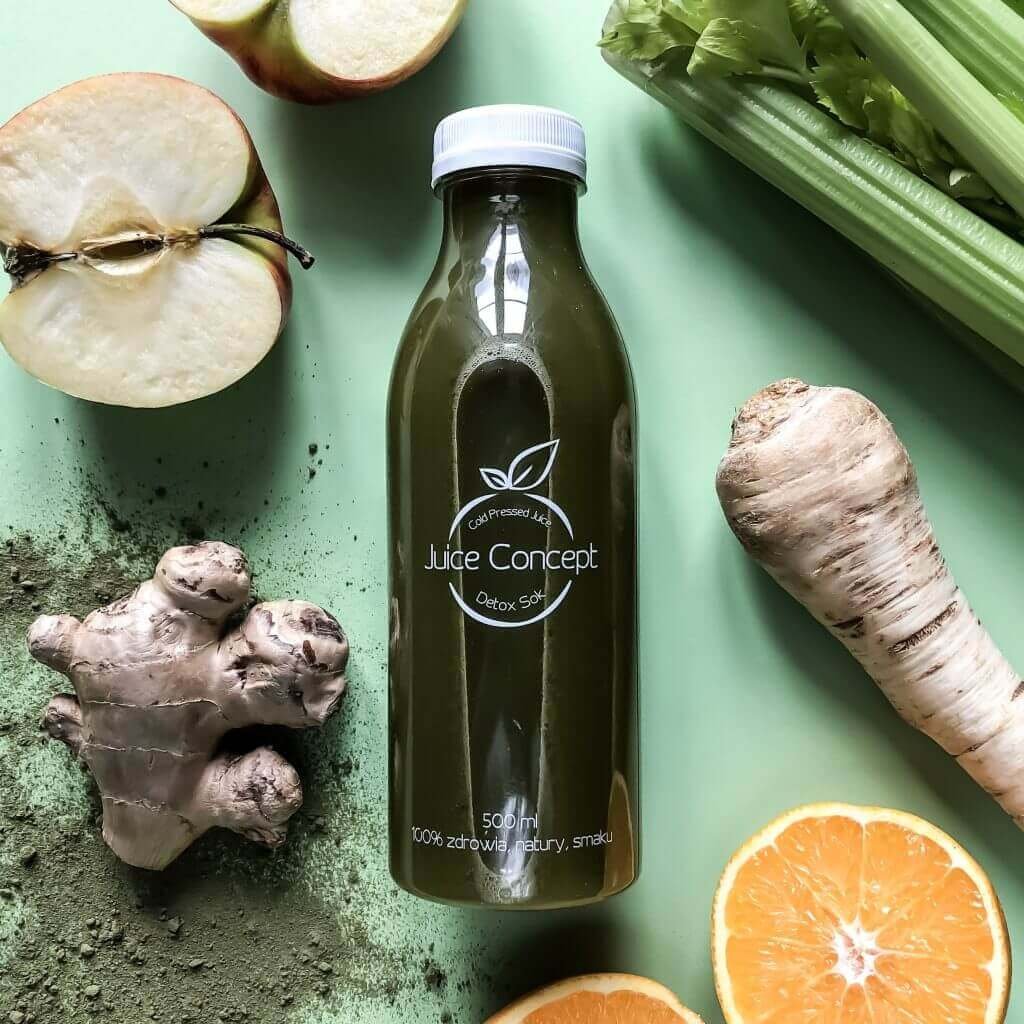 GREEN DETOX pomarańcza, jabłko, seler naciowy, pietruszka, imbir, młody jęczmień